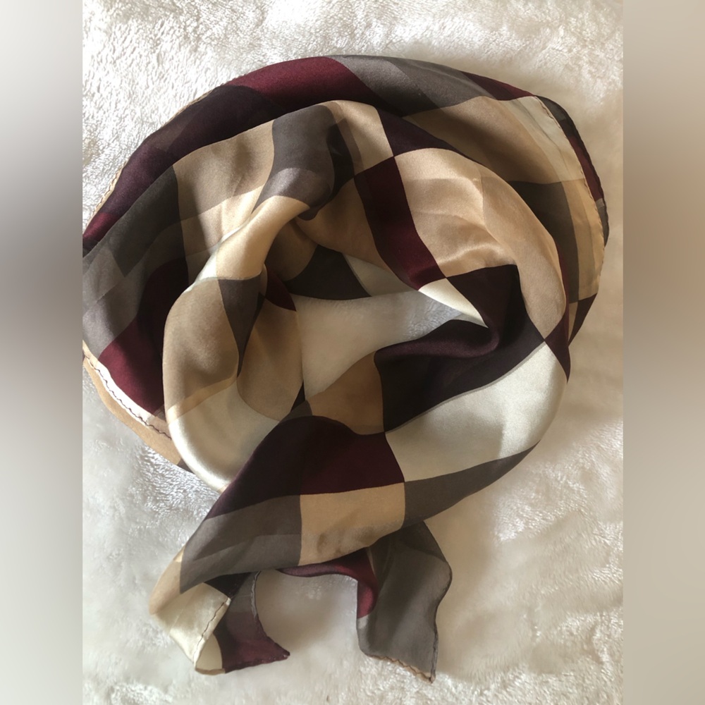 Silk Checked Square Scarf in Cream, Brown & Burgundy